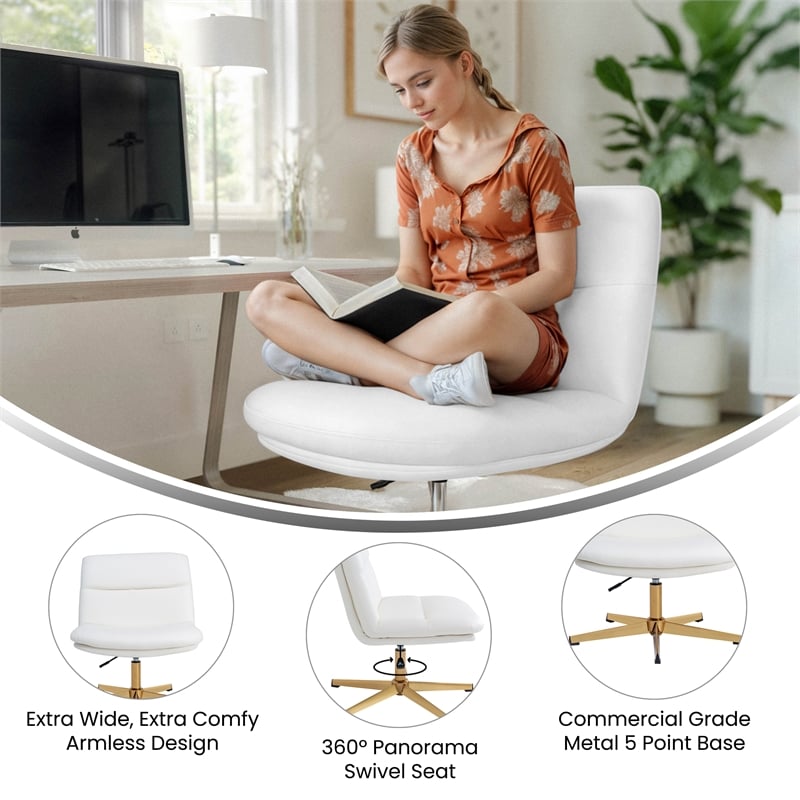 Commercial Wide Mid-Back Padded LeatherSoft Swivel Office Chair in White/Gold