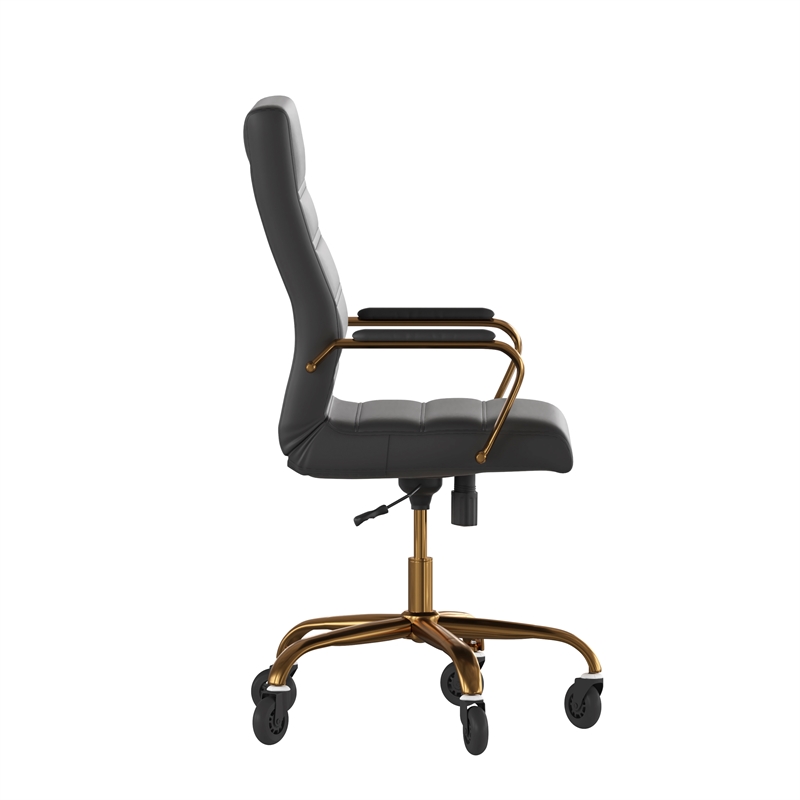 Executive Chair with Gold Frame & Arms on Skate Wheels - Black LeatherSoft