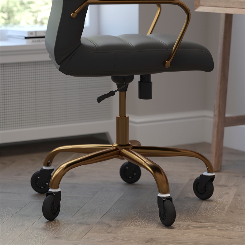 Executive Chair with Gold Frame & Arms on Skate Wheels - Black LeatherSoft