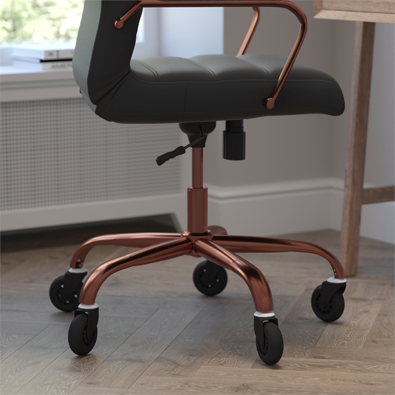 Executive Chair with Rose Gold Frame & Arms on Skate Wheels - Black LeatherSoft