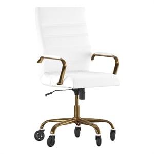 Executive Chair with Gold Frame & Arms on Skate Wheels - White LeatherSoft