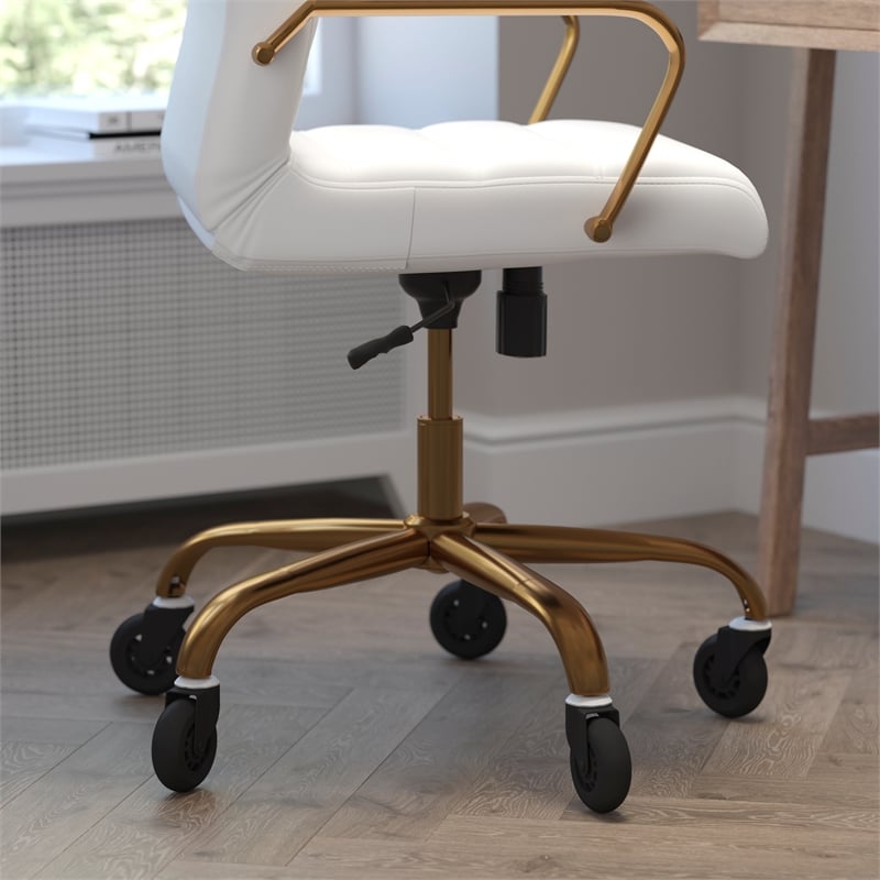 Executive Chair with Gold Frame & Arms on Skate Wheels - White LeatherSoft