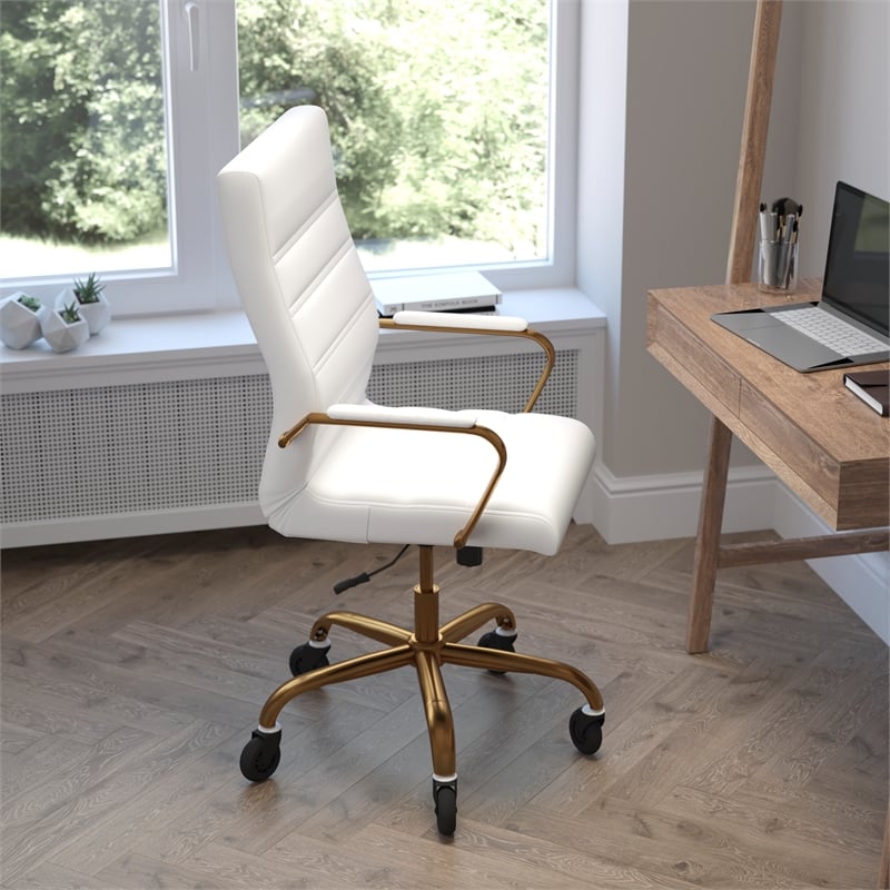 Executive Chair with Gold Frame & Arms on Skate Wheels - White LeatherSoft