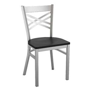 Silver Antique Clear Coat &quotX&quot Back Metal Restaurant Chair-Black Wood Seat