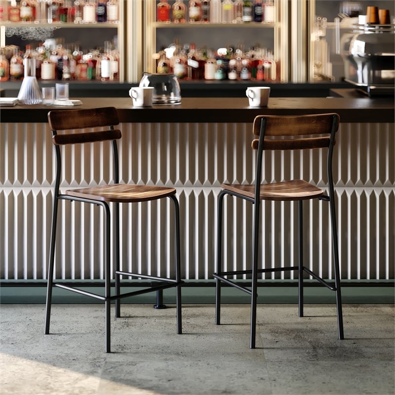 Commercial Solid Wood Bar Stool with Black Frame and Antique Copper Finish