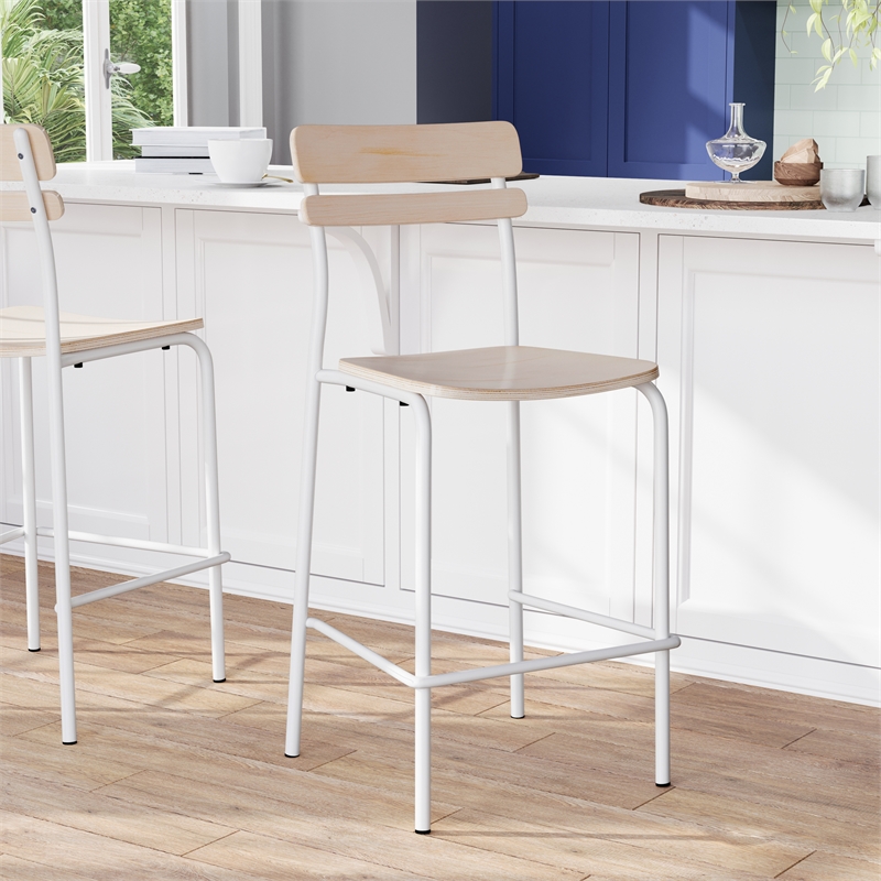 Commercial Solid Wood Bar Stool with White Frame and Antique White Finish