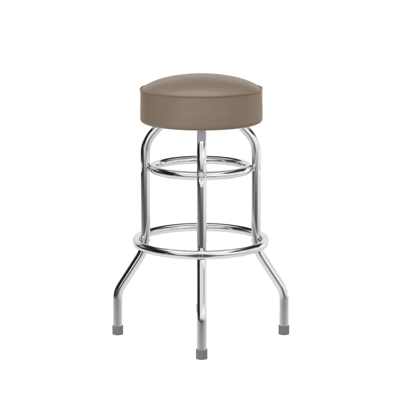Backless Double Ring Chrome Swivel Barstool with Beige Vinyl Seat