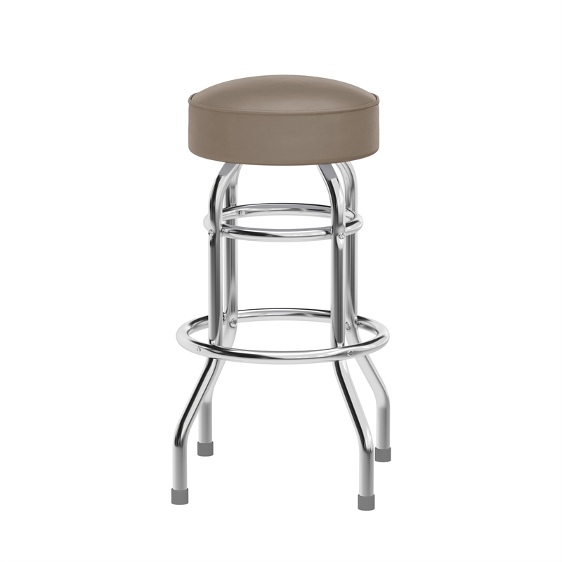 Backless Double Ring Chrome Swivel Barstool with Beige Vinyl Seat