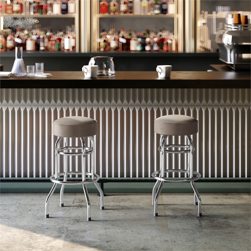 Backless Double Ring Chrome Swivel Barstool with Beige Vinyl Seat