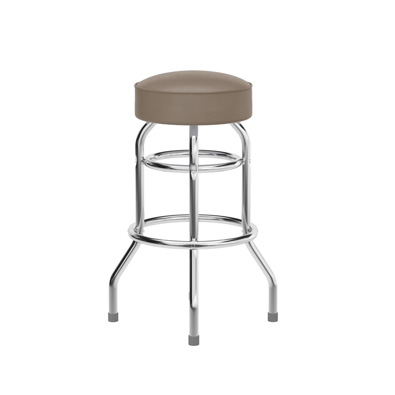 Backless Double Ring Chrome Swivel Barstool with Beige Vinyl Seat
