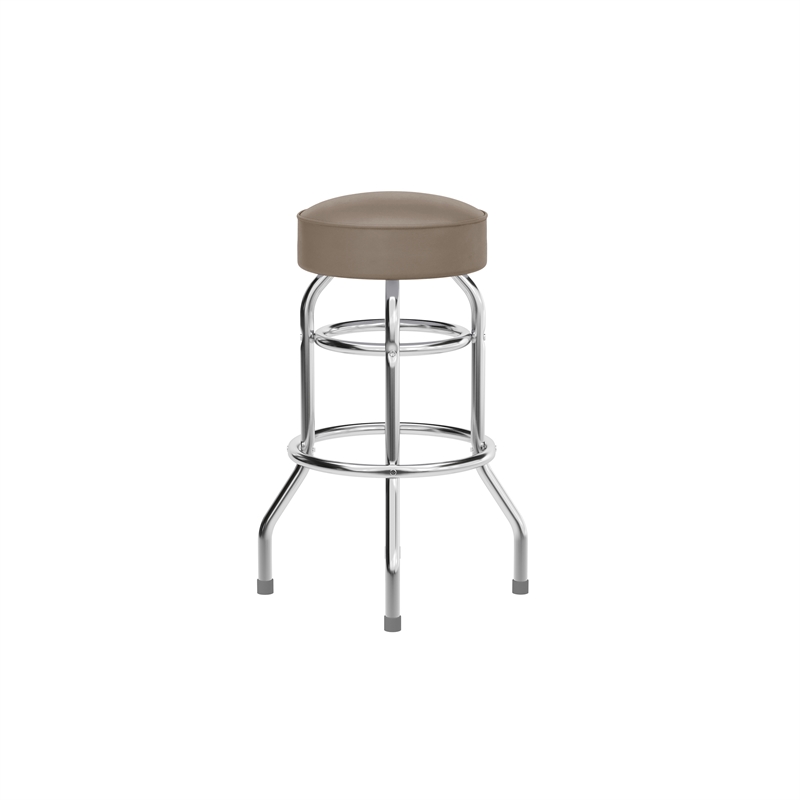 Backless Double Ring Chrome Swivel Barstool with Beige Vinyl Seat