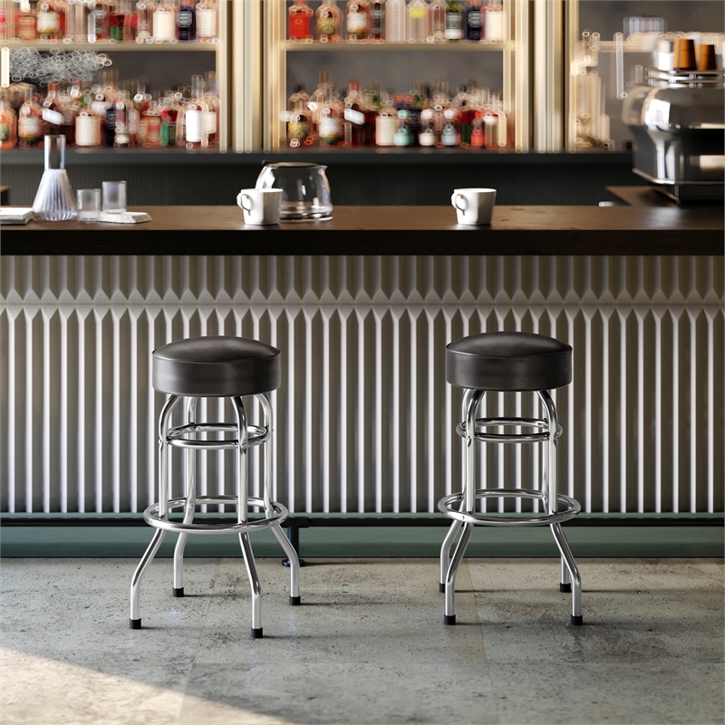 Backless Double Ring Chrome Swivel Barstool with Dark Brown Vinyl Seat