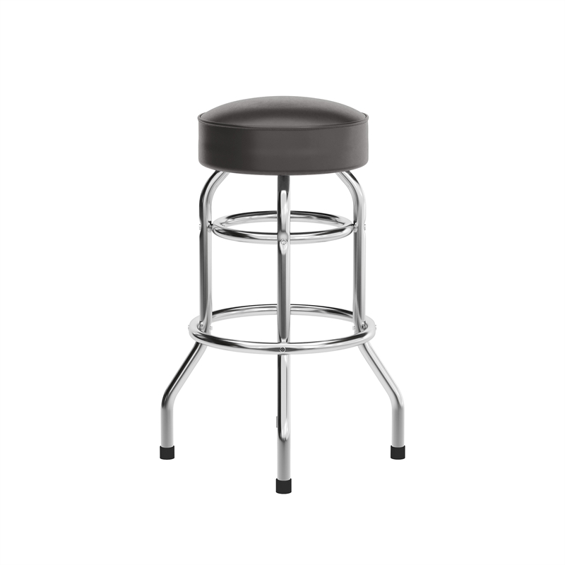 Backless Double Ring Chrome Swivel Barstool with Dark Brown Vinyl Seat