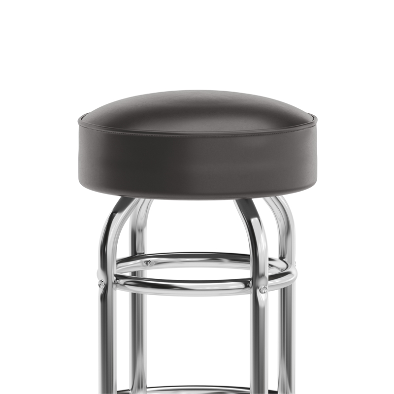 Backless Double Ring Chrome Swivel Barstool with Dark Brown Vinyl Seat