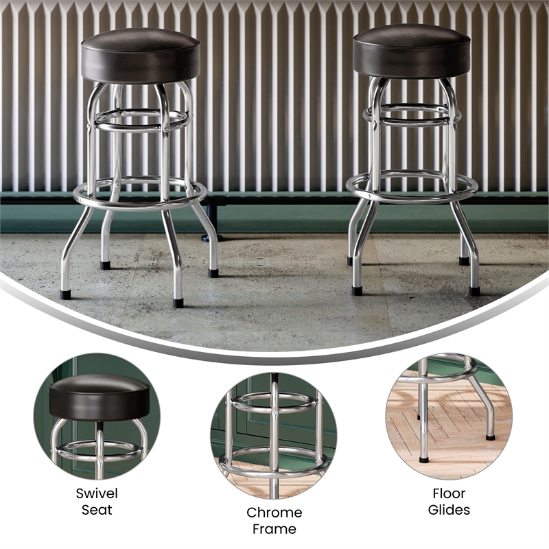 Backless Double Ring Chrome Swivel Barstool with Dark Brown Vinyl Seat
