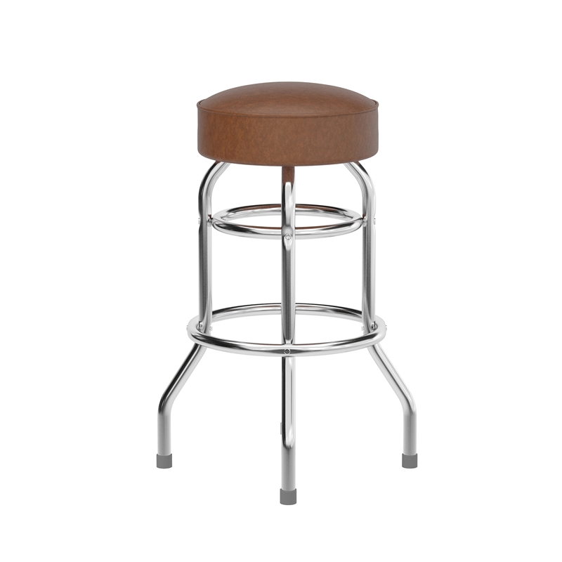 Backless Double Ring Chrome Swivel Barstool with Weathered Vinyl Seat
