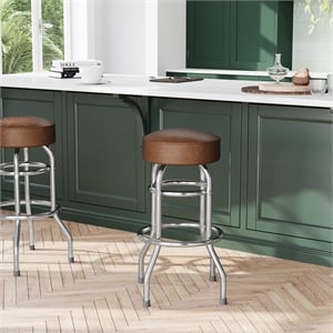 Backless Double Ring Chrome Swivel Barstool with Weathered Vinyl Seat
