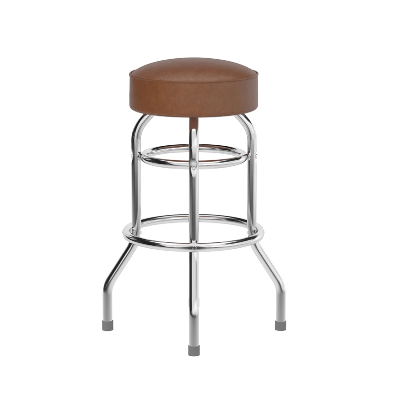 Backless Double Ring Chrome Swivel Barstool with Weathered Vinyl Seat