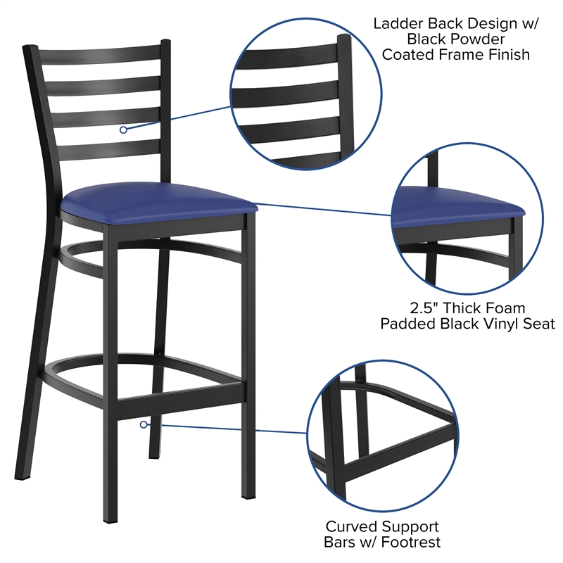 Flash Furniture Black Ladder Back Metal Restaurant Barstool - Blue Vinyl Seat