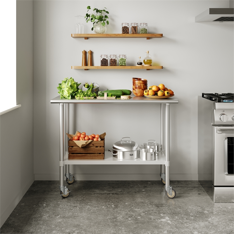 Commercial Stainless Steel 18 Gauge Work Table with Undershelf and Casters-24x48