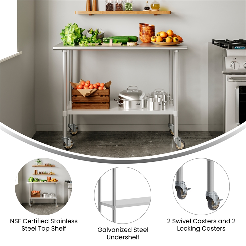Commercial Stainless Steel 18 Gauge Work Table with Undershelf and Casters-24x48