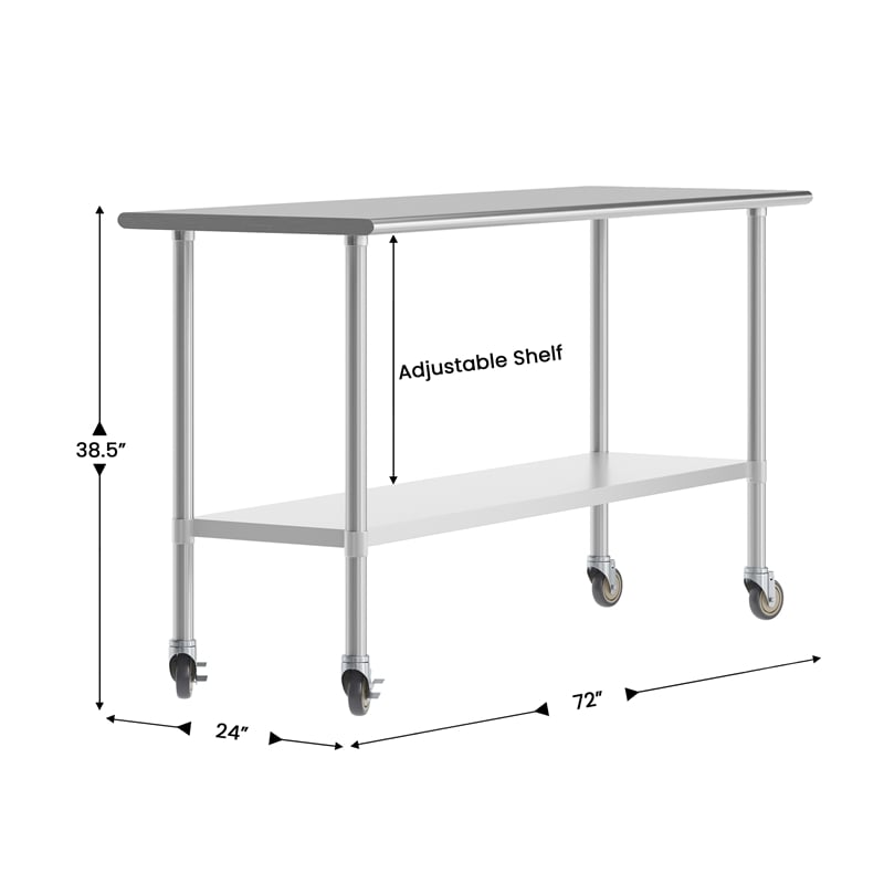 Commercial Stainless Steel 18 Gauge Work Table with Undershelf and Casters-24x72