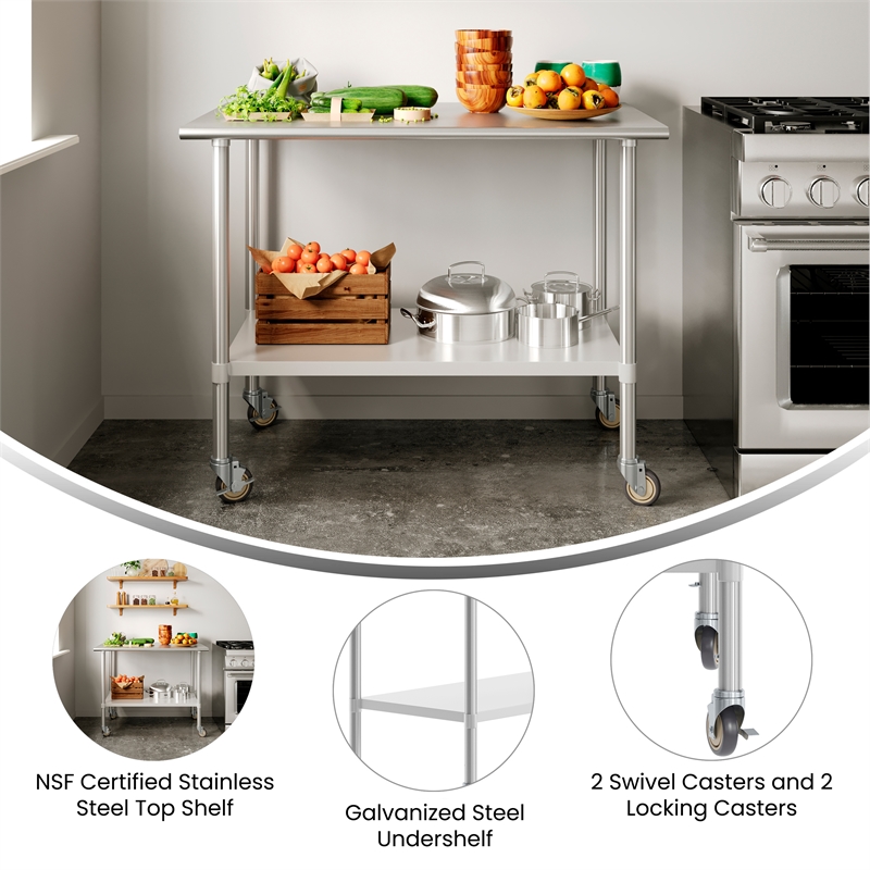 Commercial Stainless Steel 18 Gauge Work Table with Undershelf and Casters-30x48