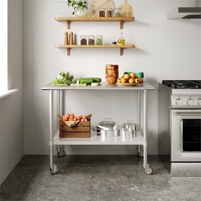 Commercial Stainless Steel 18 Gauge Work Table with Undershelf and Casters-30x48