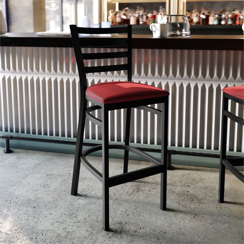 Flash Furniture Black Ladder Back Metal Restaurant Barstool - Red Vinyl Seat