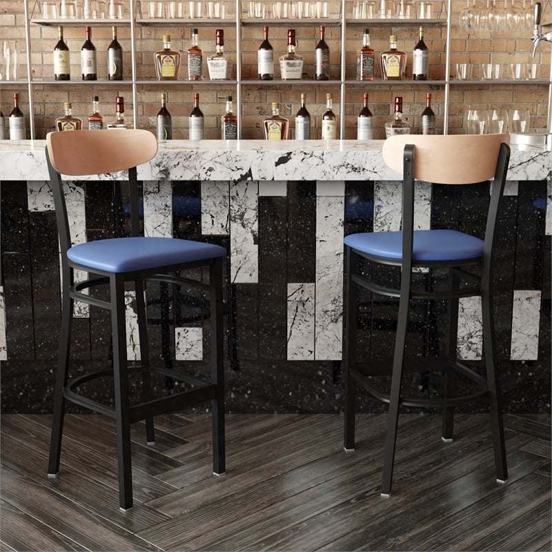 Commercial Metal Barstool with Vinyl Seat and Wood Boomerang Back-Blue/Natural