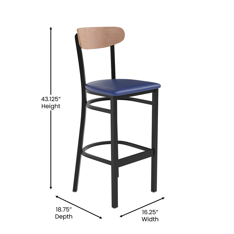 Commercial Metal Barstool with Vinyl Seat and Wood Boomerang Back-Blue/Natural