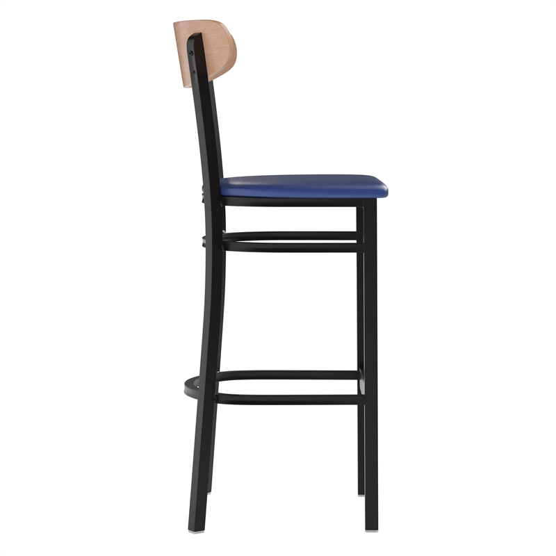 Commercial Metal Barstool with Vinyl Seat and Wood Boomerang Back-Blue/Natural