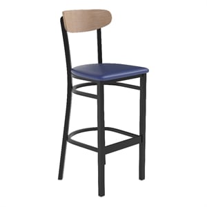 Commercial Metal Barstool with Vinyl Seat and Wood Boomerang Back-Blue/Natural