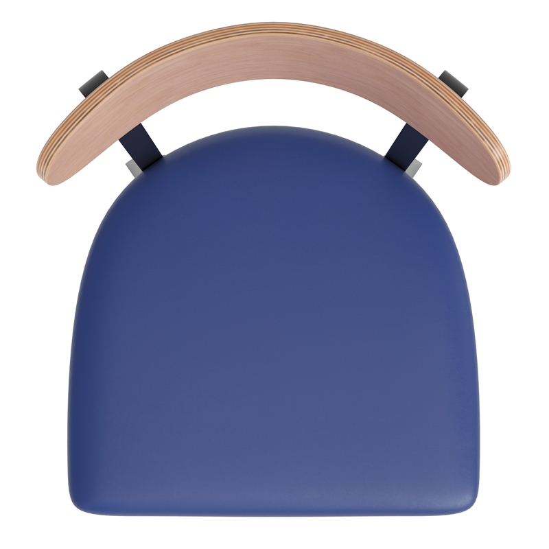 Commercial Metal Barstool with Vinyl Seat and Wood Boomerang Back-Blue/Natural