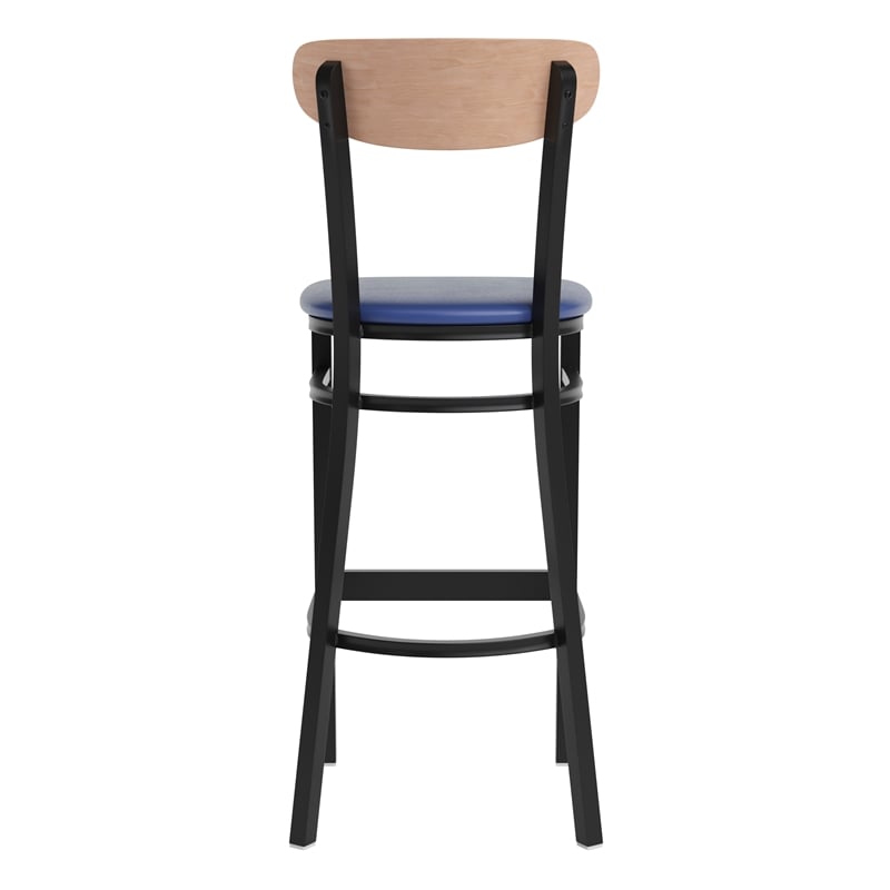 Commercial Metal Barstool with Vinyl Seat and Wood Boomerang Back-Blue/Natural