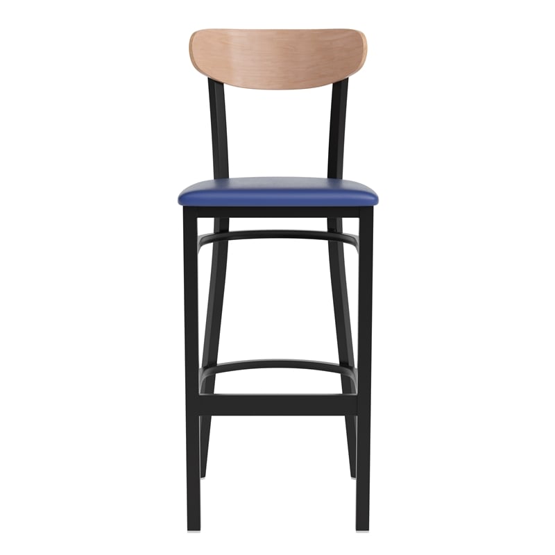 Commercial Metal Barstool with Vinyl Seat and Wood Boomerang Back-Blue/Natural
