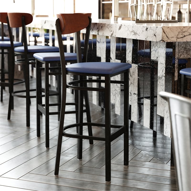 Commercial Metal Barstool with Vinyl Seat and Wood Boomerang Back-Blue/Walnut
