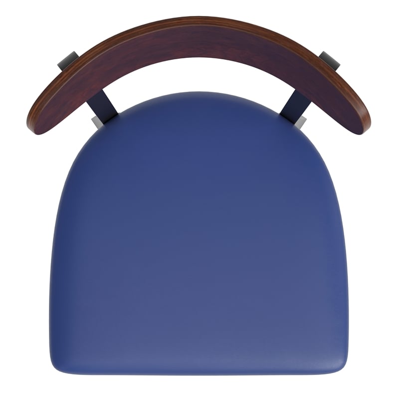 Commercial Metal Barstool with Vinyl Seat and Wood Boomerang Back-Blue/Walnut