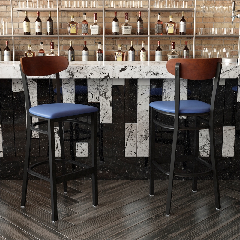 Commercial Metal Barstool with Vinyl Seat and Wood Boomerang Back-Blue/Walnut