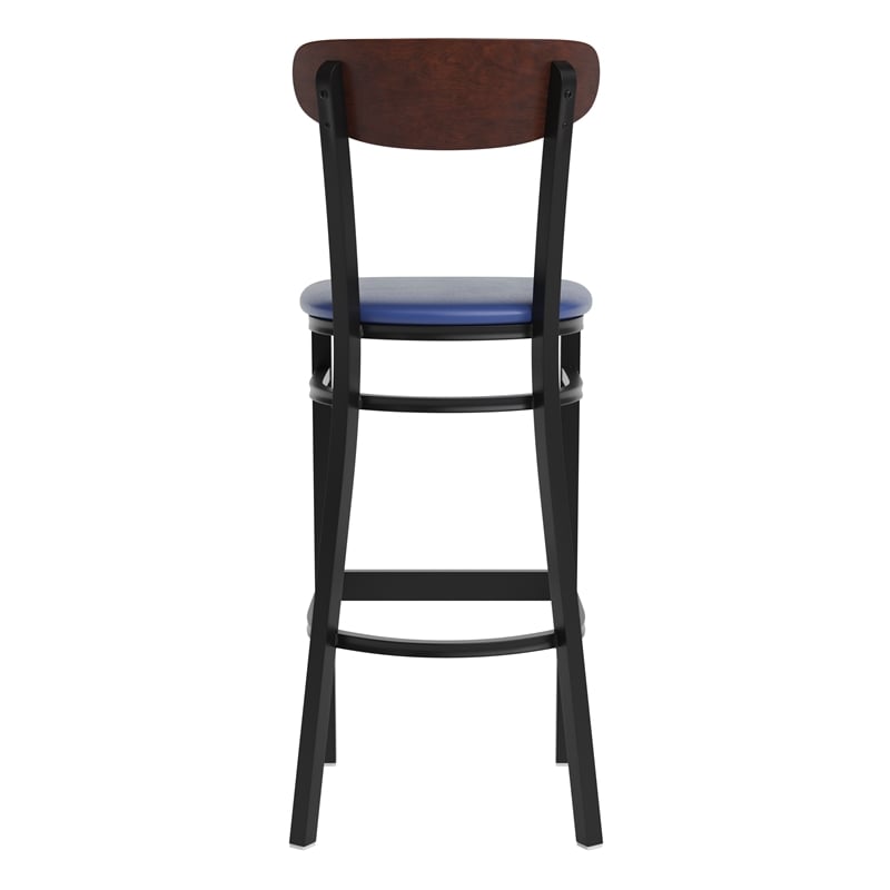 Commercial Metal Barstool with Vinyl Seat and Wood Boomerang Back-Blue/Walnut