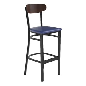 Commercial Metal Barstool with Vinyl Seat and Wood Boomerang Back-Blue/Walnut
