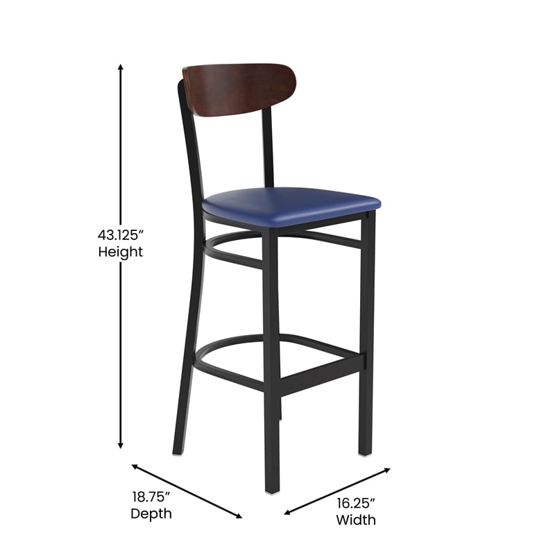 Commercial Metal Barstool with Vinyl Seat and Wood Boomerang Back-Blue/Walnut