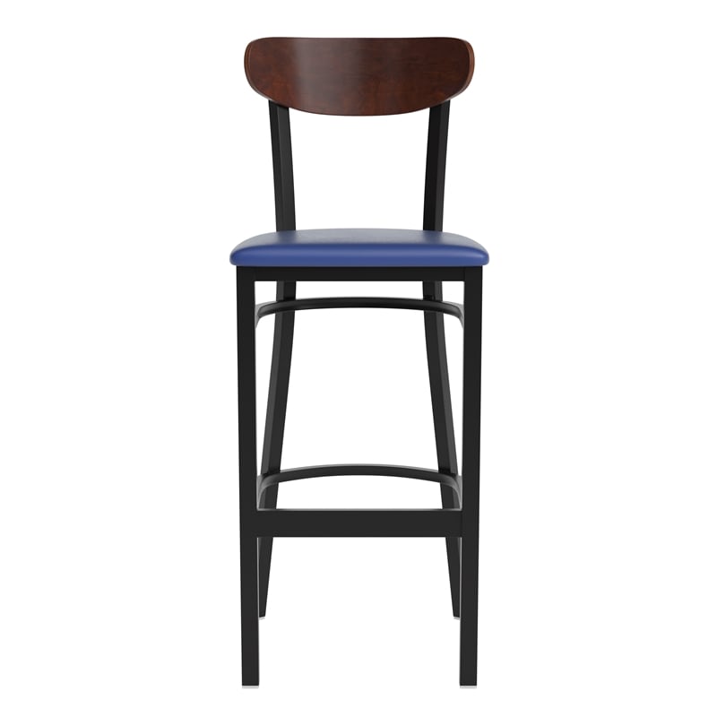 Commercial Metal Barstool with Vinyl Seat and Wood Boomerang Back-Blue/Walnut