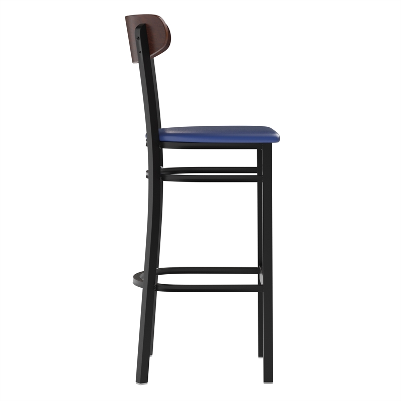 Commercial Metal Barstool with Vinyl Seat and Wood Boomerang Back-Blue/Walnut