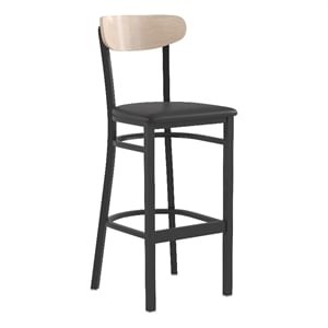 Commercial Metal Barstool with Vinyl Seat and Wood Boomerang Back-Black/Natural