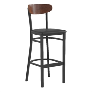 Commercial Metal Barstool with Vinyl Seat and Wood Boomerang Back-Black/Walnut