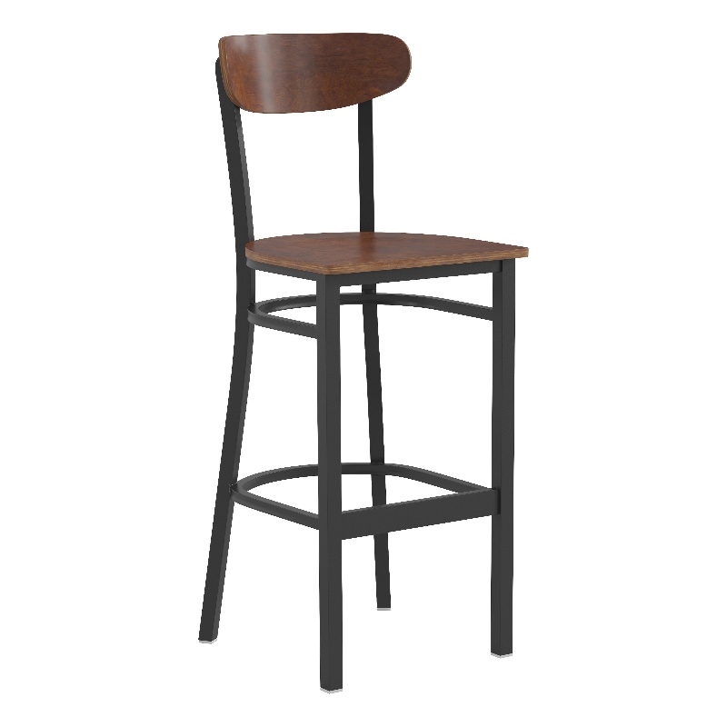 Commercial Metal Barstool with Wood Seat and Boomerang Back-Walnut Finish