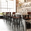 Commercial Metal Barstool with Wood Seat and Boomerang Back-Walnut Finish