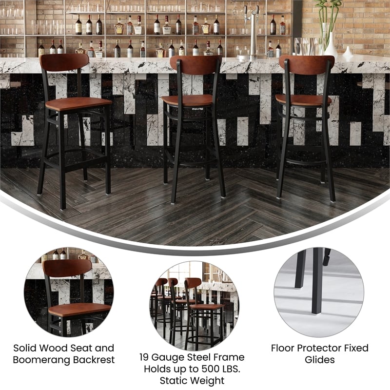 Commercial Metal Barstool with Wood Seat and Boomerang Back-Walnut Finish