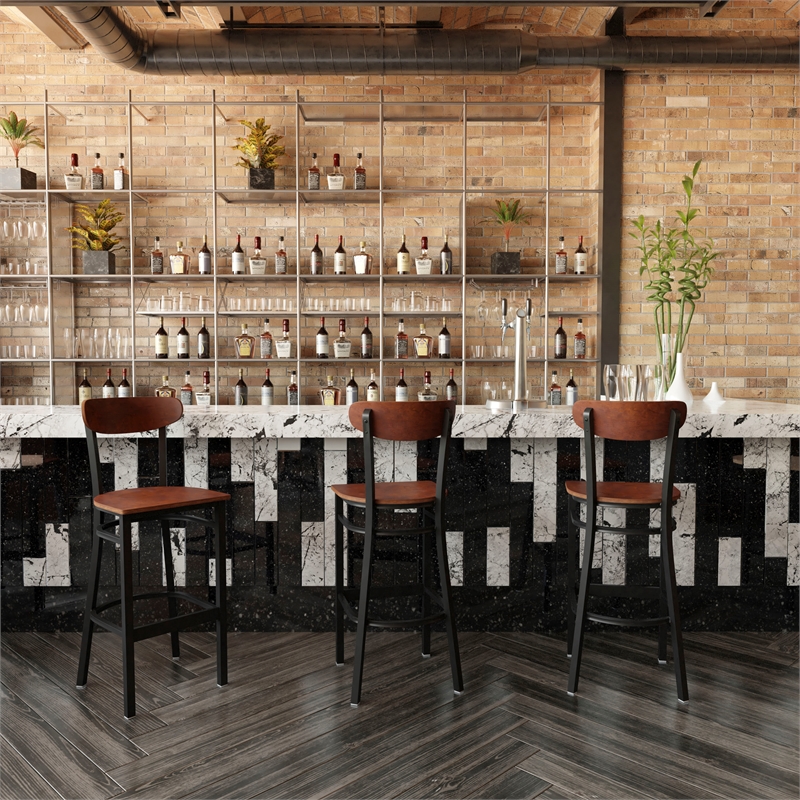 Commercial Metal Barstool with Wood Seat and Boomerang Back-Walnut Finish